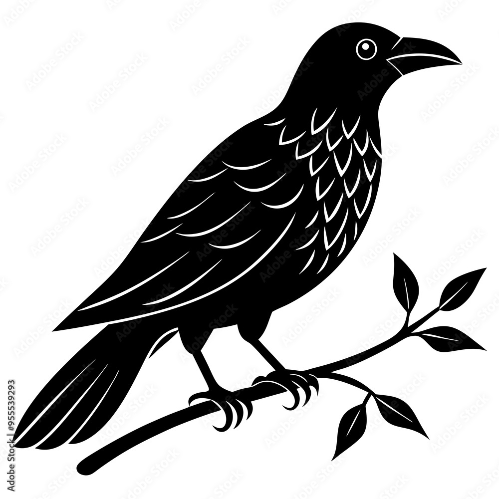 Crow with branch line art vector white background Crow with branch line art vector white background