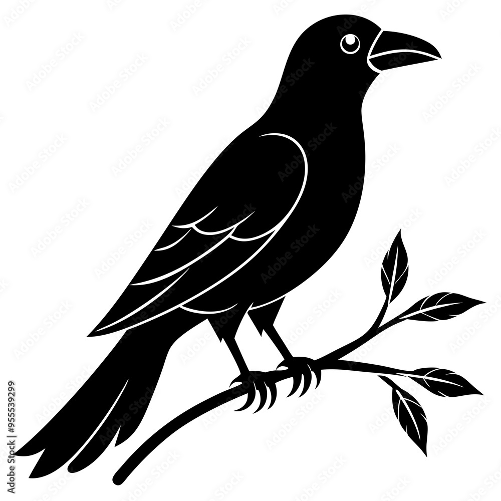 Fototapeta premium Crow with branch line art vector white background