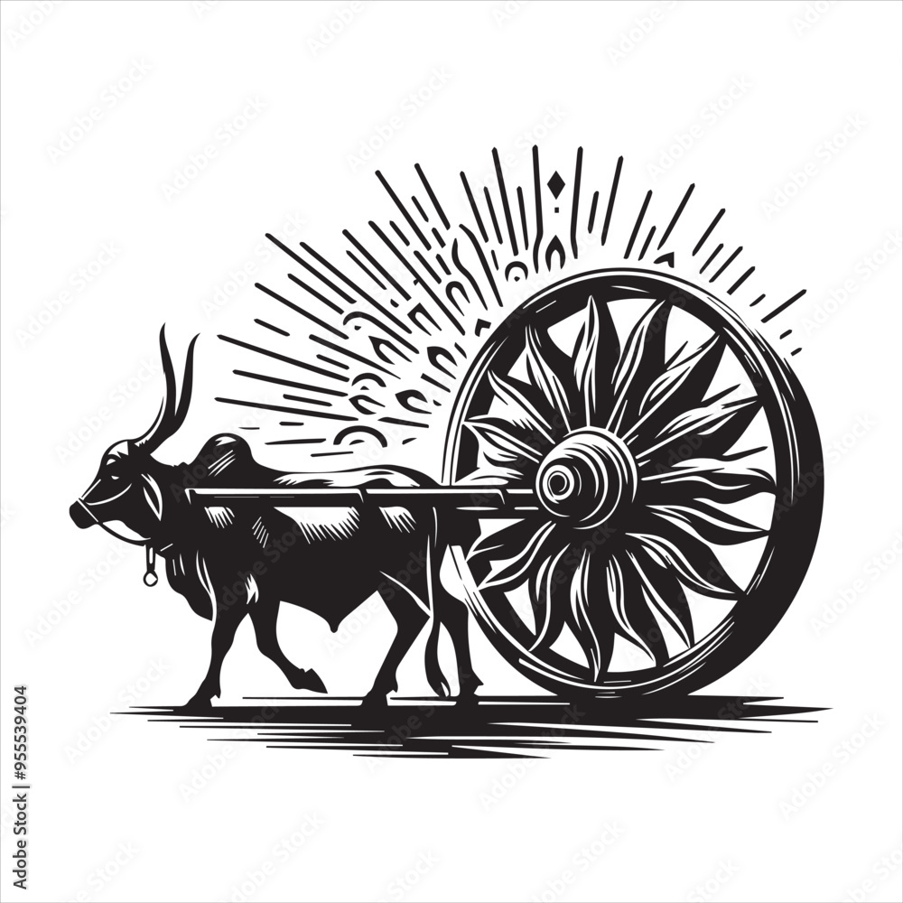 Fototapeta premium bullock cart wheel silhouette vector With White Background