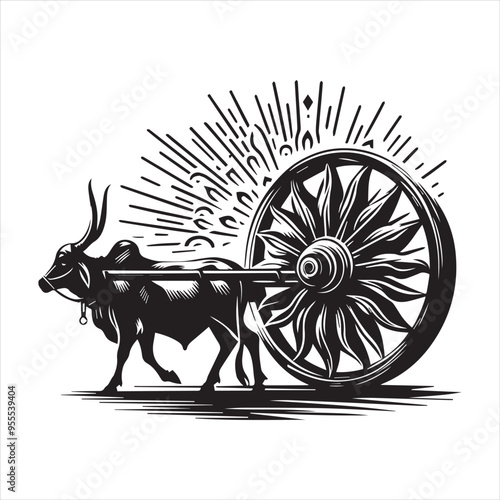 bullock cart wheel silhouette vector With White Background