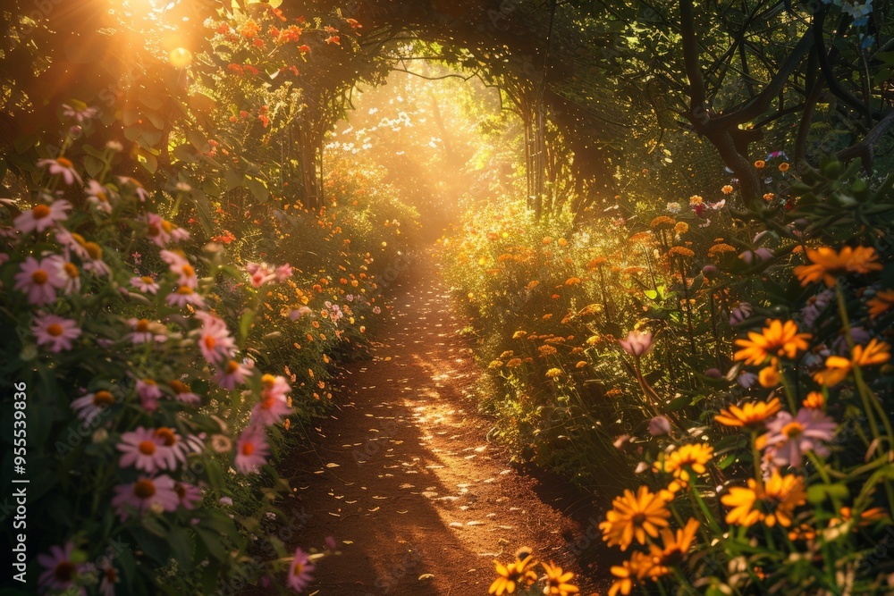 Sunlit garden path surrounded by blooming wildflowers dense foliage, by golden light late afternoon, vibrant colors dappled sunlight create serene enchanted, ideal for peaceful walk in nature. Sunlit garden path surrounded by blooming wildflowers dense foliage, by golden light late afternoon, vibrant colors dappled sunlight create serene enchanted, ideal for peaceful walk in nature.