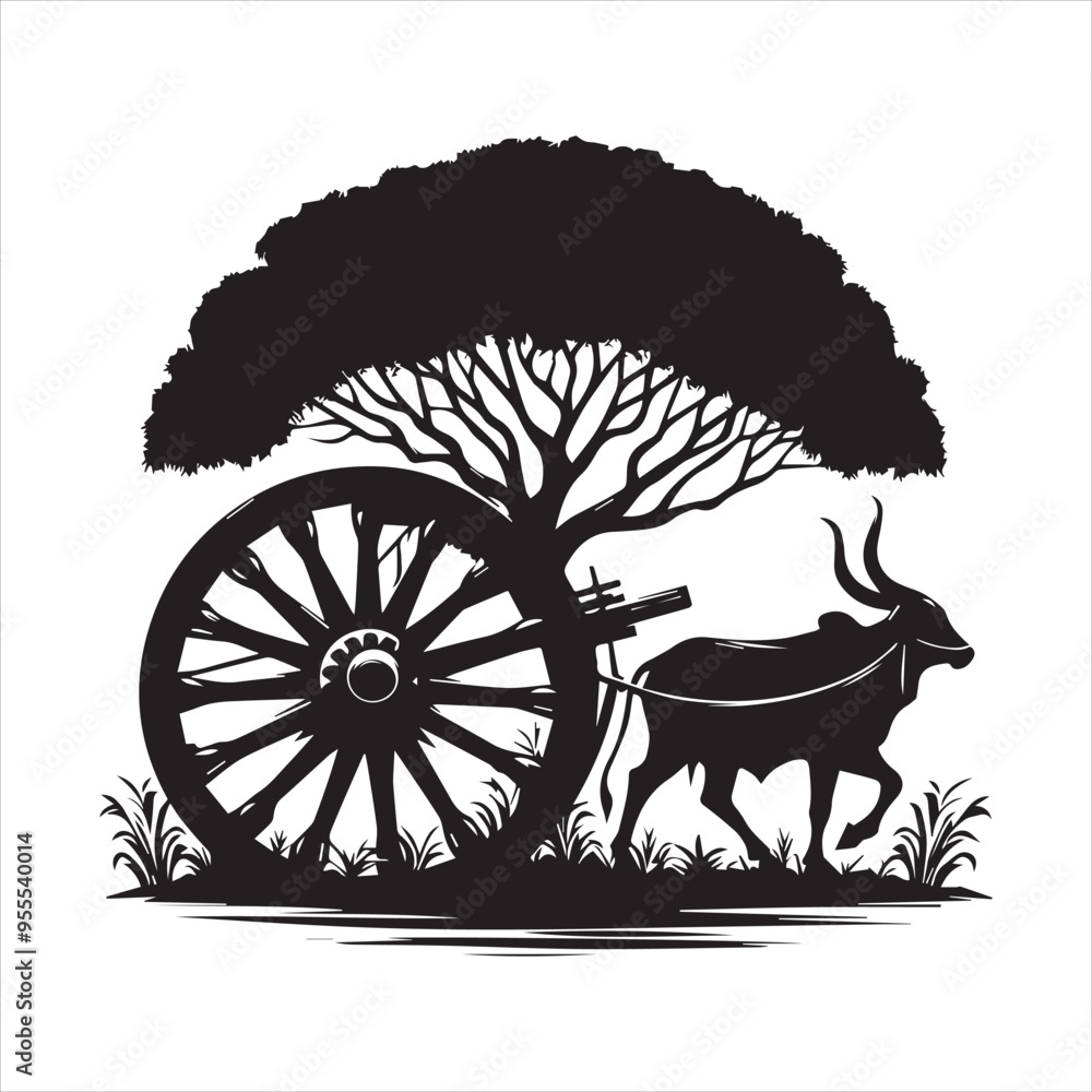 Fototapeta premium bullock cart wheel silhouette vector With White Background