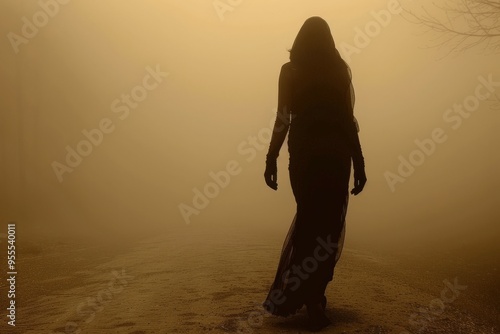 Silhouette of a lone woman walking into the dense fog on a deserted path, the scene is bathed in warm, golden light, mysterious and moody atmosphere evokes feelings solitude and quiet reflection.