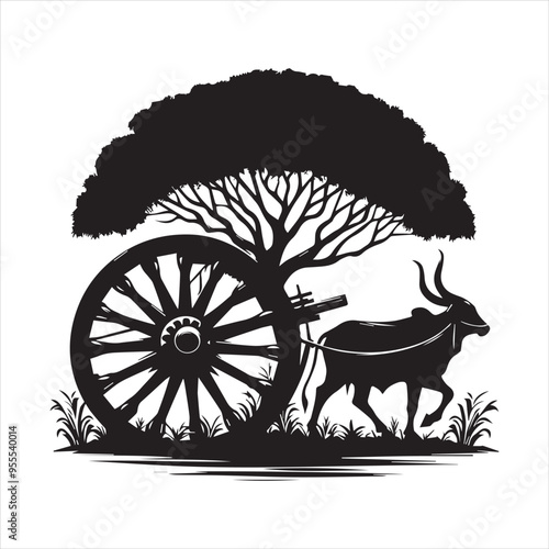 bullock cart wheel silhouette vector With White Background