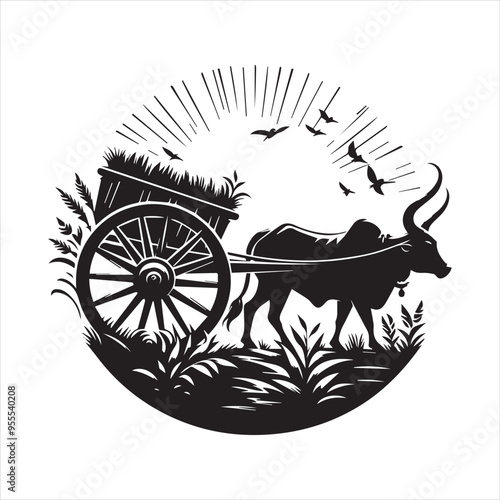 bullock cart wheel silhouette vector With White Background