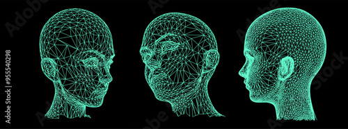 A set of 3d heads made of mesh on a black background. Illustration in techno futuristic style.