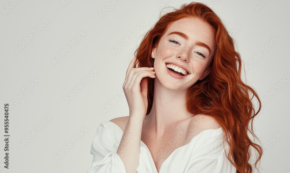 portrait of elegant pretty young woman with ginger long hair style in white clothes smiling posing on white background, pretty cute candid beauty portrait, natural look, face skin with freckles portrait of elegant pretty young woman with ginger long hair style in white clothes smiling posing on white background, pretty cute candid beauty portrait, natural look, face skin with freckles