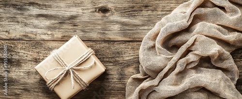 A top view of a boho gift box wrapped in paper and rope and decorated with dried flowers, sitting on a wooden table with a copy area