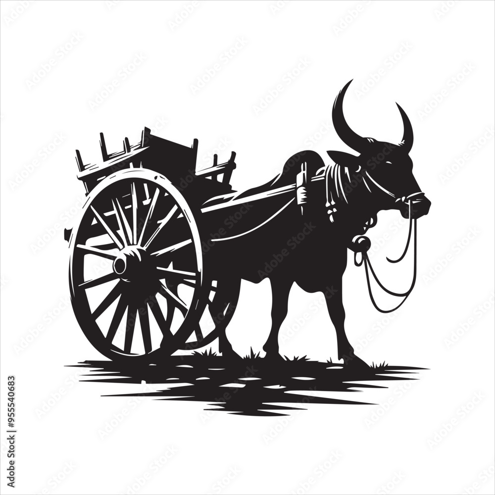 Fototapeta premium bullock cart wheel silhouette vector With White Background