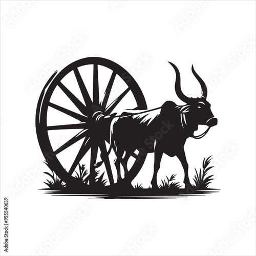 bullock cart wheel silhouette vector With White Background
