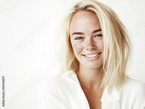 portrait of elegant pretty young blond woman in white clothes blouse smiling posing on white background, pretty cute candid beauty portrait, natural look