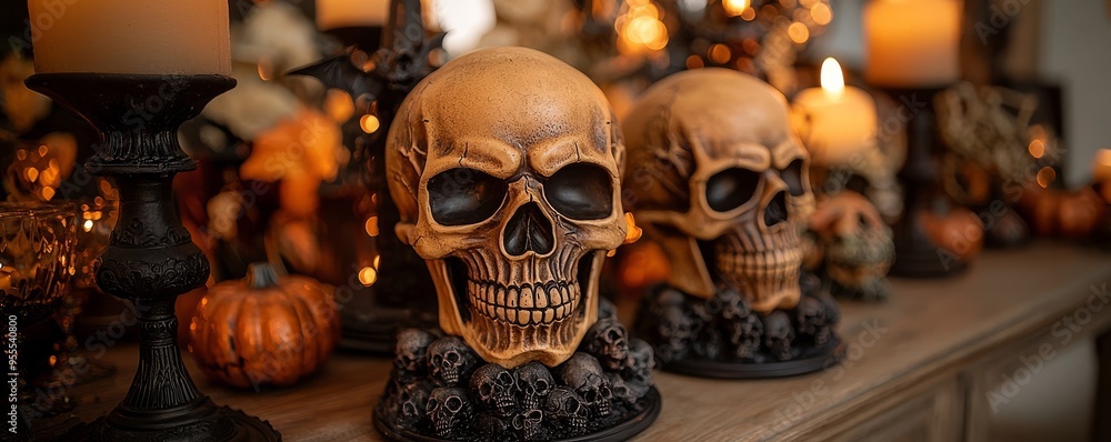 Two Skulls with Candlelight and Pumpkins, Halloween Decor, Spooky Home Decor, Creepy Decor Two Skulls with Candlelight and Pumpkins, Halloween Decor, Spooky Home Decor, Creepy Decor