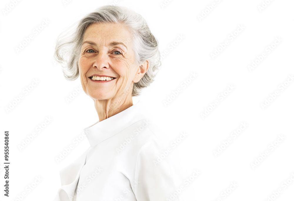 elderly adult elegant woman with grey hair in white clothes posing on white background, smiling natural look, skin with wrinkles elderly adult elegant woman with grey hair in white clothes posing on white background, smiling natural look, skin with wrinkles
