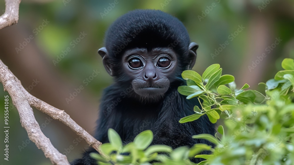 A monkey occupies a tree branch, clutching green leaves with a curious expression against a background of bright blue sky, embodying the beauty of wildlife A monkey occupies a tree branch, clutching green leaves with a curious expression against a background of bright blue sky, embodying the beauty of wildlife
