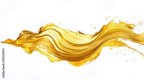 Artistic gold paintbrush stroke with a smooth, flowing texture on a bright white background