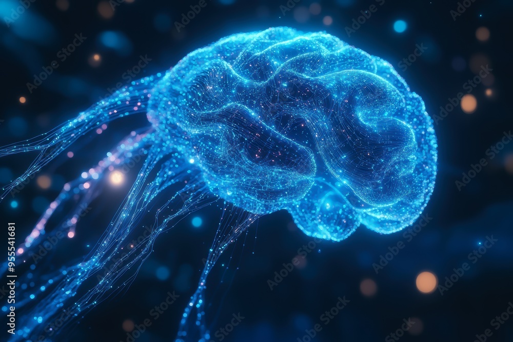 A glowing, digital representation of a brain, surrounded by vibrant blue and purple lights, resembling a jellyfish in motion A glowing, digital representation of a brain, surrounded by vibrant blue and purple lights, resembling a jellyfish in motion