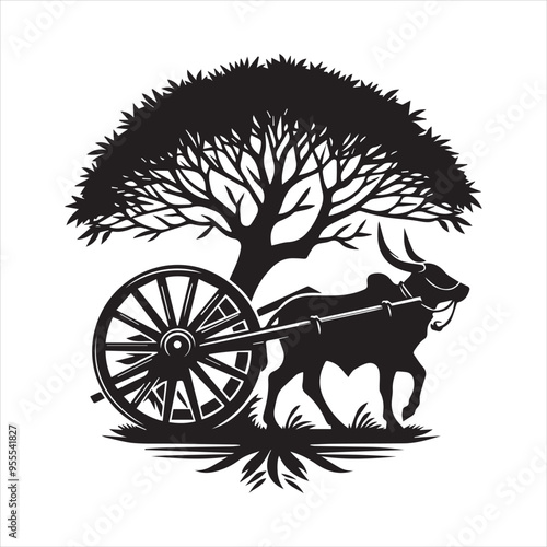 bullock cart wheel silhouette vector With White Background