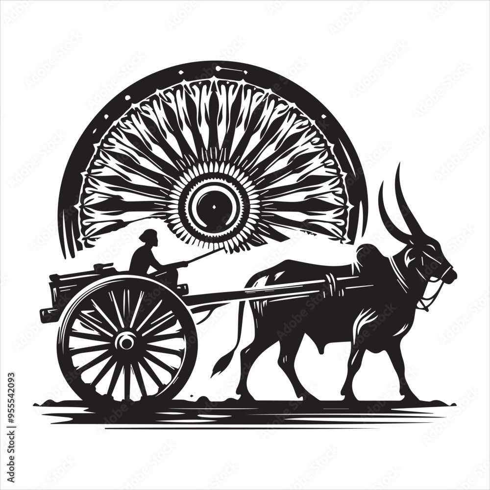 Fototapeta premium bullock cart wheel silhouette vector With White Background