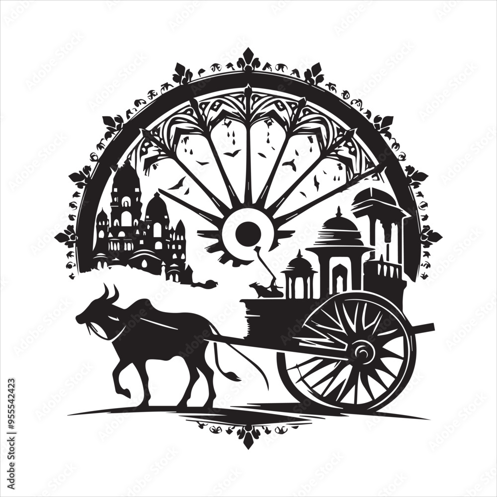 Fototapeta premium bullock cart wheel silhouette vector With White Background