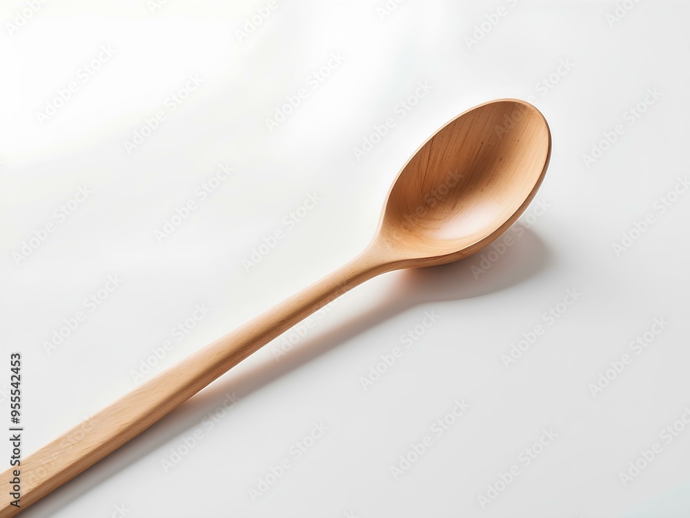 close-up of a simple wooden spoon laying flat on a bright white background, showcasing its natural material and handmade quality close-up of a simple wooden spoon laying flat on a bright white background, showcasing its natural material and handmade quality