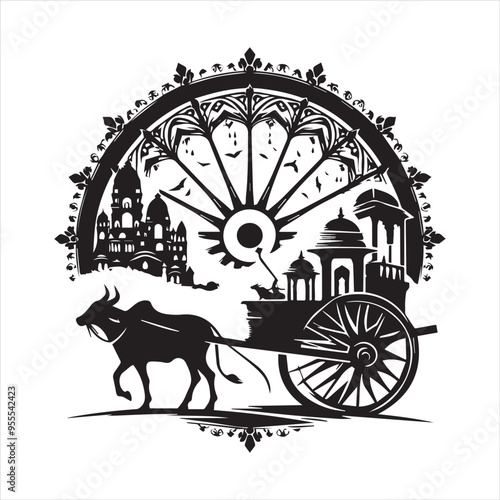 bullock cart wheel silhouette vector With White Background