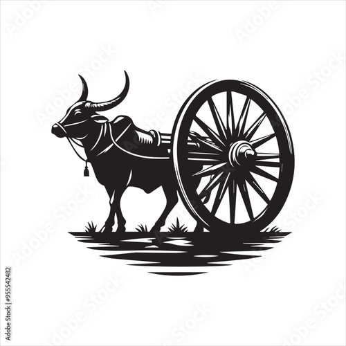 bullock cart wheel silhouette vector With White Background