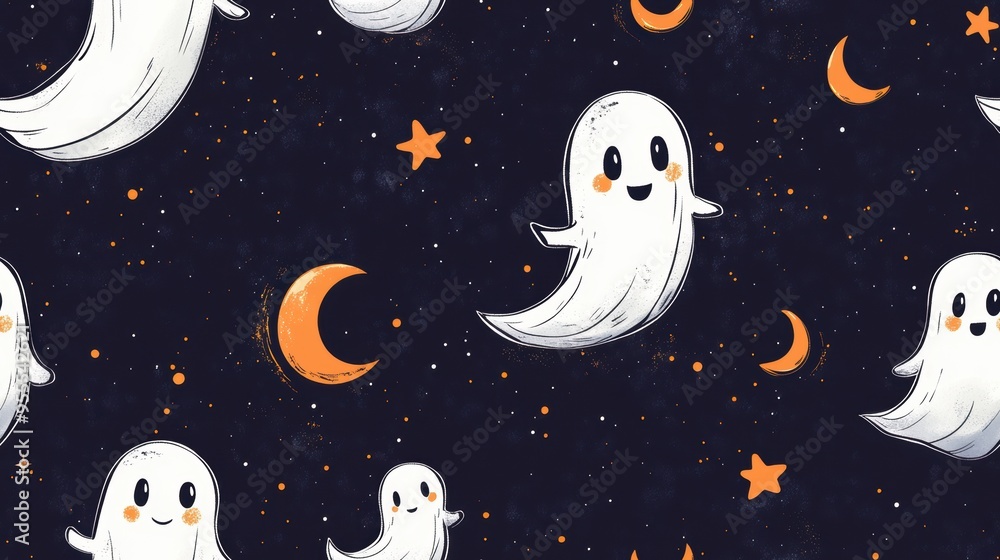 A whimsical seamless pattern featuring cute ghosts, stars, and crescent moons, set against a dark starry background, perfect for Halloween-themed decor or crafts