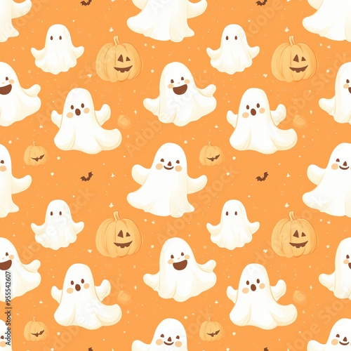 A cheerful Halloween-themed seamless pattern featuring cute ghosts and pumpkins on a vibrant orange background, perfect for festive decorations or Halloween-themed projects