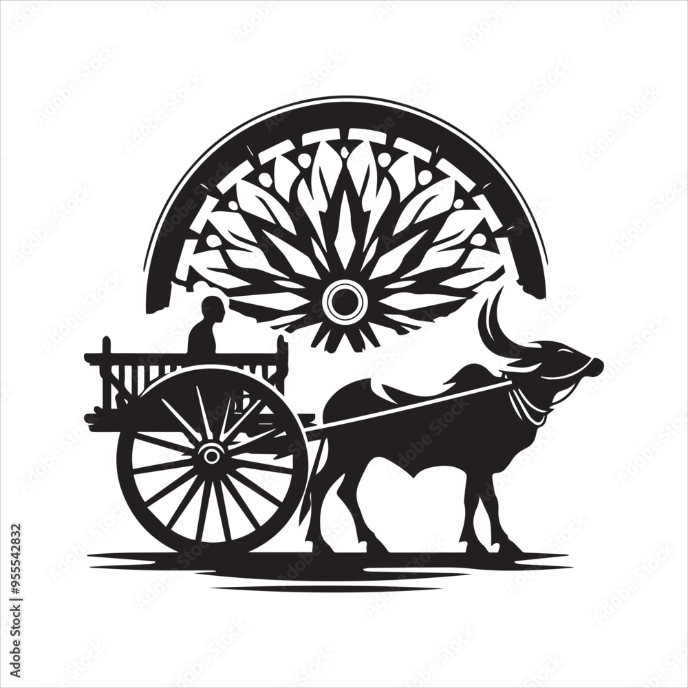 Fototapeta premium bullock cart wheel silhouette vector With White Background