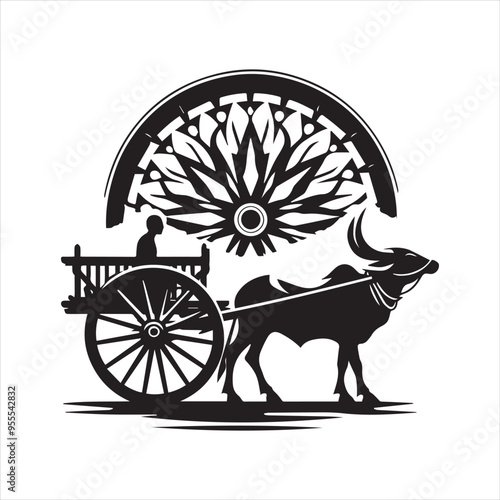 bullock cart wheel silhouette vector With White Background