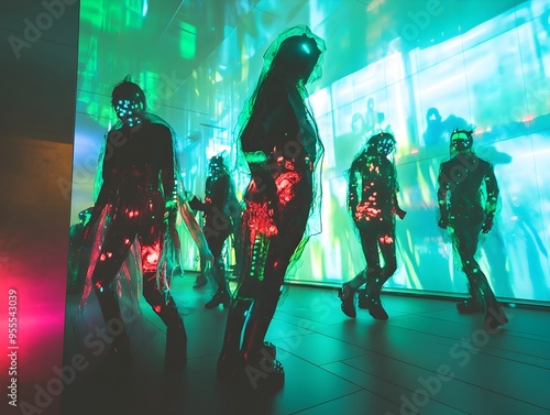 Futuristic Halloween Party in High Rise with Cutting Edge Bioluminescent Costumes and Holographic photo