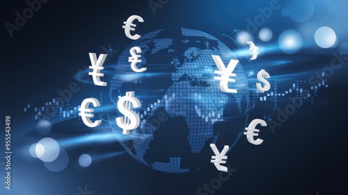 A digital representation of global currencies floating around a world map, symbolizing international finance and economic connection