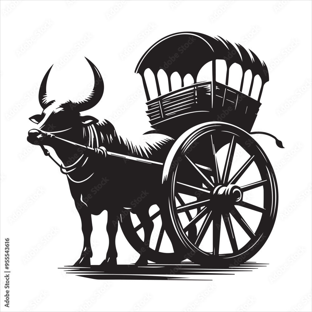 Fototapeta premium bullock cart wheel silhouette vector With White Background