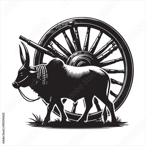 bullock cart wheel silhouette vector With White Background