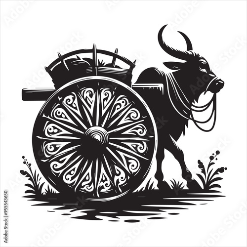 bullock cart wheel silhouette vector With White Background