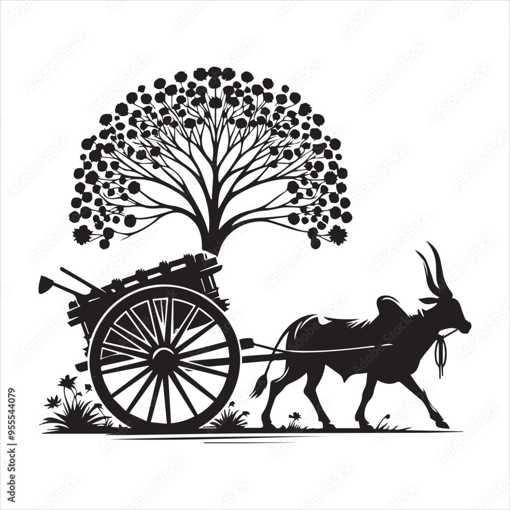 Fototapeta premium bullock cart wheel silhouette vector With White Background