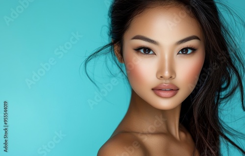 Face portrait of pretty Asian woman with flawless skin, beauty cosmetic or skincare fashion portrait on a blue background with copy space