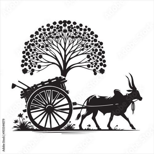 bullock cart wheel silhouette vector With White Background