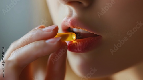 Close-up of a woman's hand holding a yellow capsule near her mouth. photo