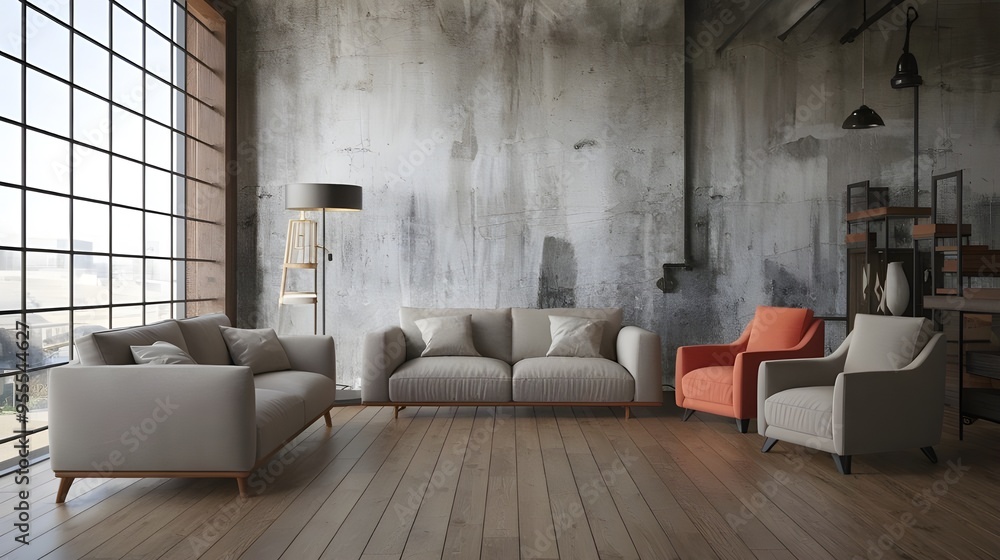 A minimalist loft interior design of a modern living room with two sofas and boucle armchairs near a grid window against a grunge concrete wall. A minimalist loft interior design of a modern living room with two sofas and boucle armchairs near a grid window against a grunge concrete wall.