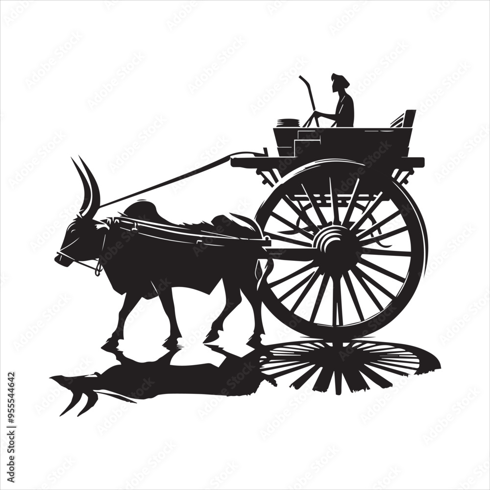 Fototapeta premium bullock cart wheel silhouette vector With White Background
