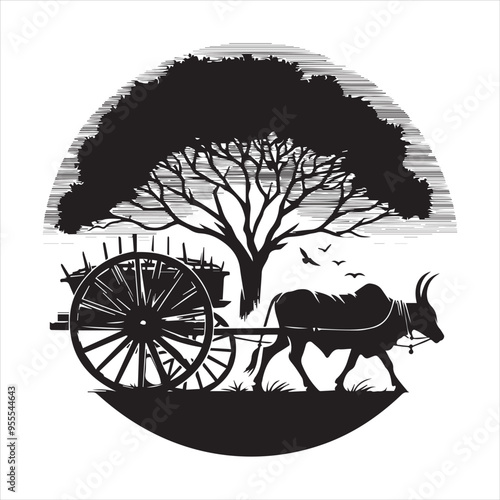 bullock cart wheel silhouette vector With White Background