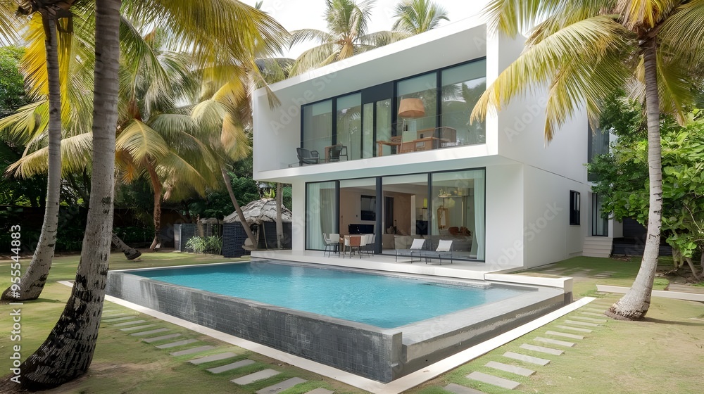Fototapeta premium A modern minimalist cubic villa with a large swimming pool surrounded by palm trees. The villa has a white exterior and a flat roof. There are a few chairs near the pool. 