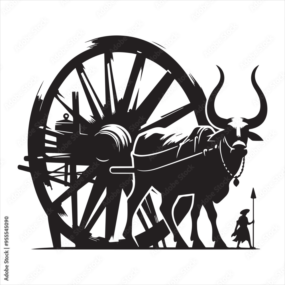 Fototapeta premium bullock cart wheel silhouette vector With White Background