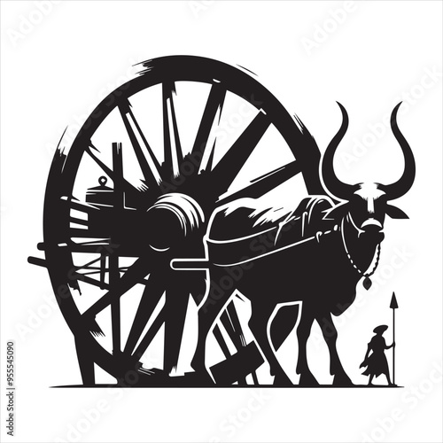 bullock cart wheel silhouette vector With White Background