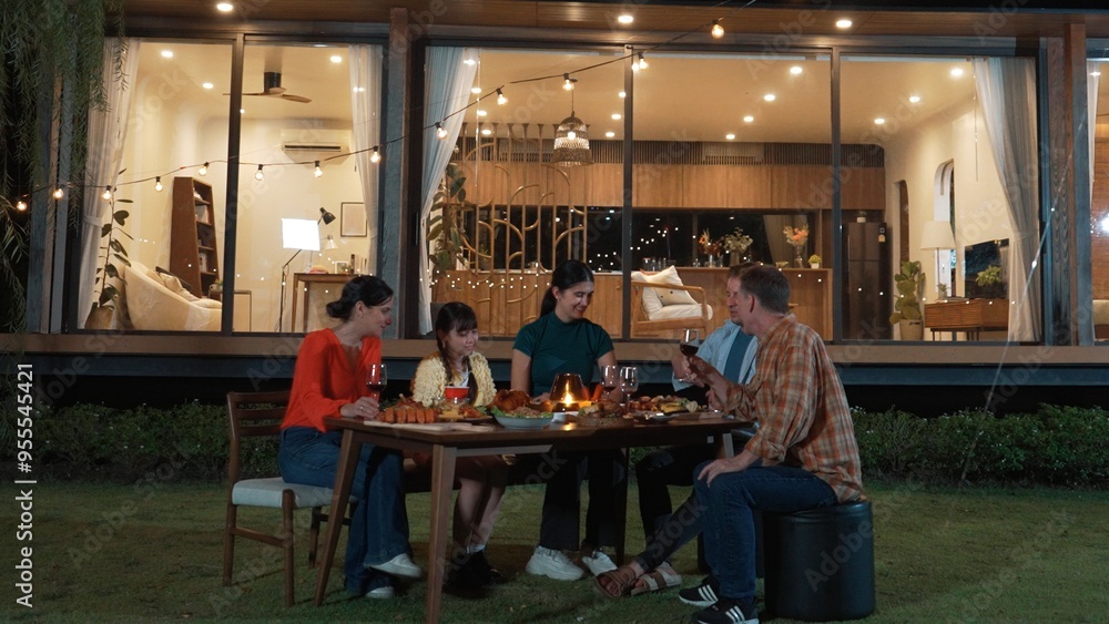 Family gather celebrate holiday. Parents, grandparents and girl together to talk and have dinner party food. Outdoor activity for spending time with multigeneration cross generation gap. Divergence. Family gather celebrate holiday. Parents, grandparents and girl together to talk and have dinner party food. Outdoor activity for spending time with multigeneration cross generation gap. Divergence.