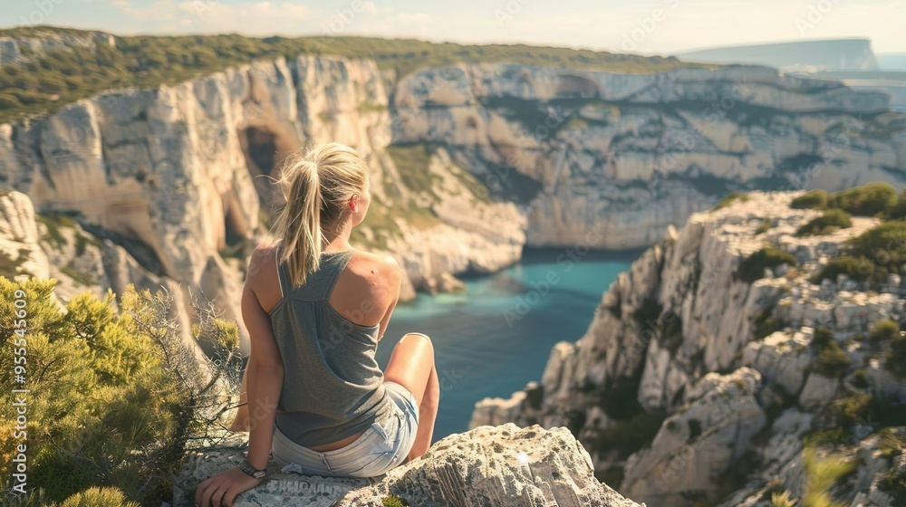 Naklejka premium Mountain view of the valley, Person from behind 