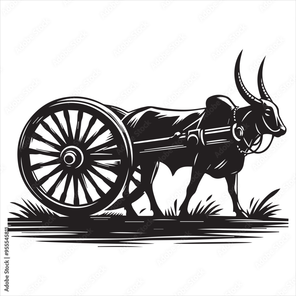 Fototapeta premium bullock cart wheel silhouette vector With White Background