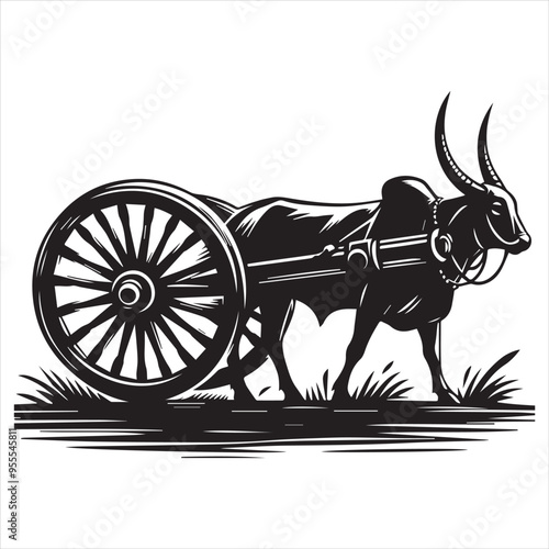 bullock cart wheel silhouette vector With White Background