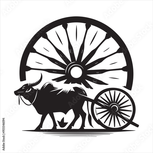 bullock cart wheel silhouette vector With White Background